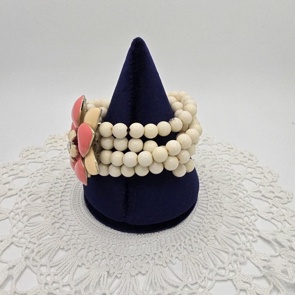 Enameled Floral Faux Pearl Stretch Bracelet Four Strand Cream Coral Size 6 - Picture 5 of 9